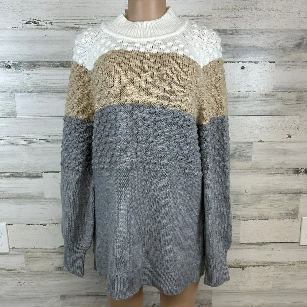 Calvin Klein Women's Colorblocked Popcorn-Knit Sweater (Latte/Granite/White) L